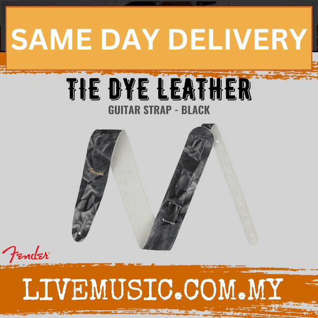 Black tie-dye leather guitar strap with adjustable end and buckle