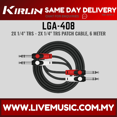 Kirlin LGA-408 Dual 1/4 Inch TRS to TRS Plug LightGear Patch Interconnect Audio Cable Black (LGA408/LGA 408)