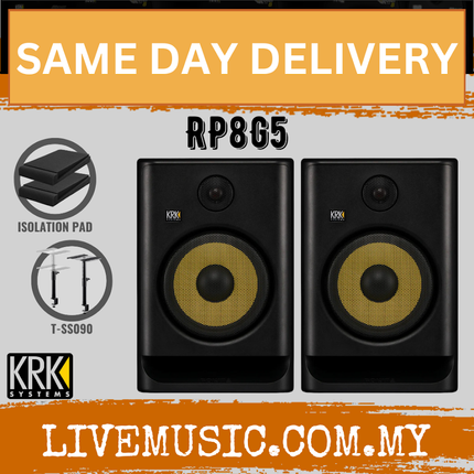 KRK RP8G5 Rokit Powered 8 Active Studio Monitors w/Monitor Stand And Isolation Pad - Black - Pair ( RP8G4 )