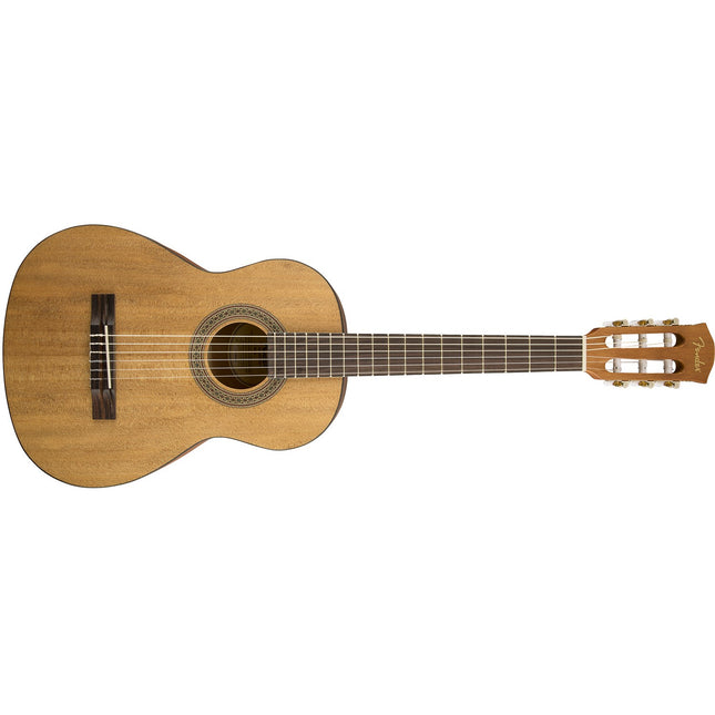 Natural 3/4 classical guitar side view with bridge and visible nylon strings
