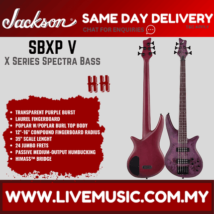 Jackson X Series Spectra Bass SBXP V Electric Guitar, Laurel FB, Transparent Purple Burst