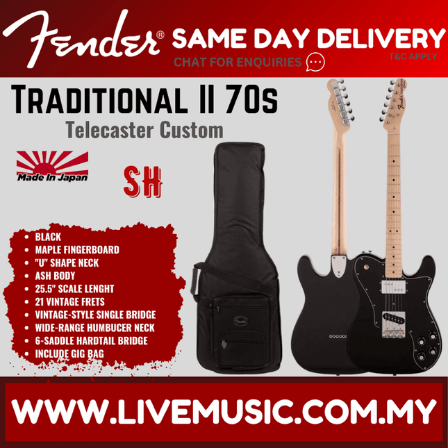 Fender Japan Traditional II 70s Telecaster Custom Electric Guitar, Maple Fretboard with Gig Bag - Black