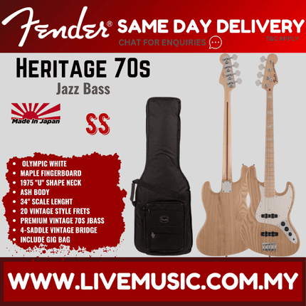 Fender Japan Heritage 70s Jazz Bass Guitar, Maple Fretboard - Natural