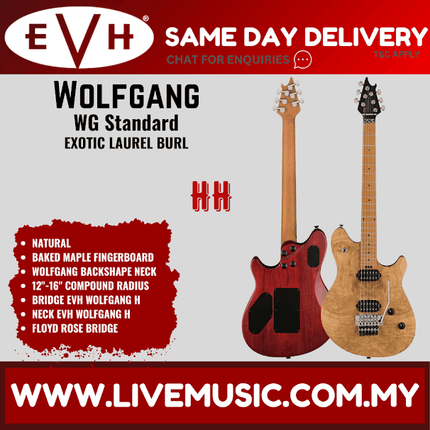 EVH Wolfgang Standard Exotic Electric Guitar, Baked Maple FB, Laurel Burl