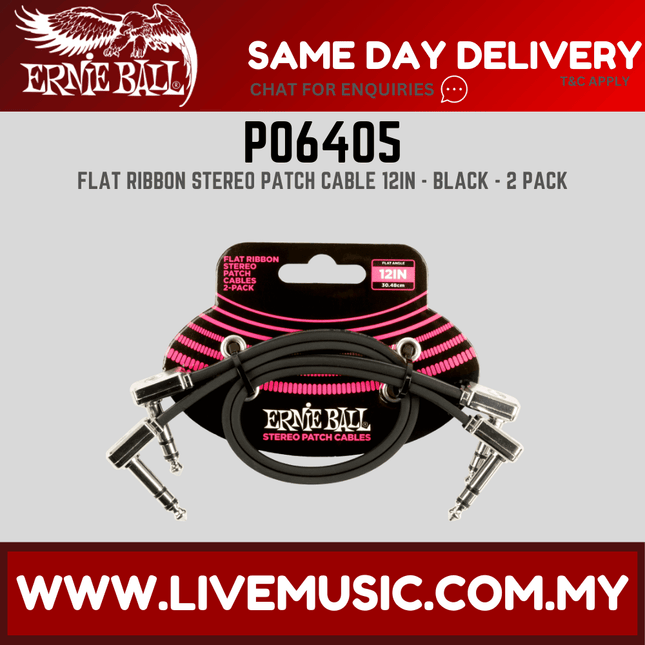 Ernie Ball 6405 Flat Ribbon Stereo Patch Cable, Right Angle to Right Angle, Black, 12 Inch, 2-pack