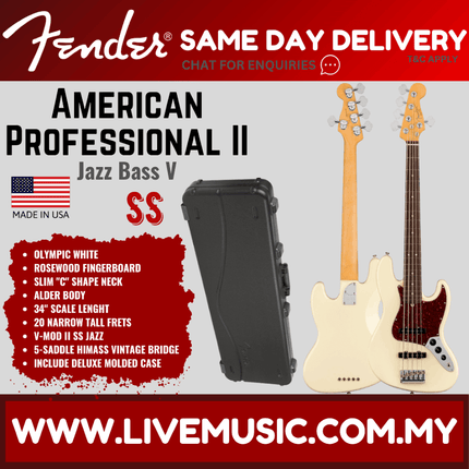 Fender American Professional II 5-String Jazz Bass Electric Guitar, RW FB, Olympic White