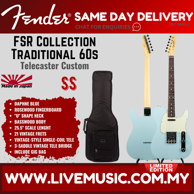 Fender FSR Collection Traditional 60s Telecaster Custom Guitar, RW FB, Daphne Blue