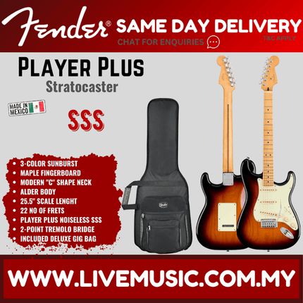 Fender Player Plus Stratocaster Electric Guitar, Maple Fretboard - 3-Color Sunburst