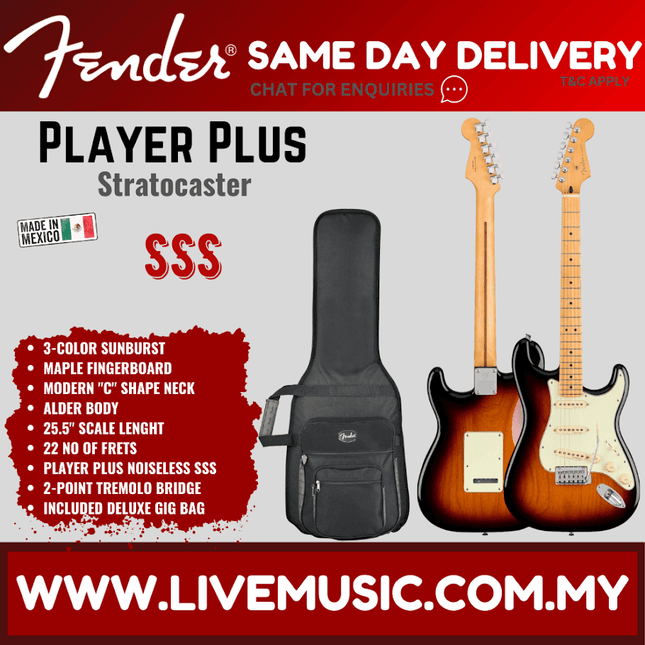 Fender Player Plus Stratocaster Electric Guitar, Maple Fretboard - 3-Color Sunburst