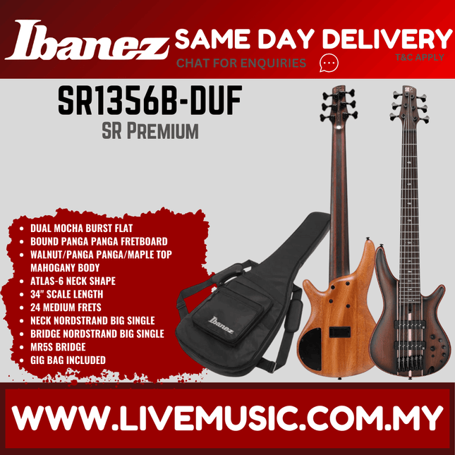 IBANEZ SR1356B-DUF 6-STRING ELECTRIC BASS GUITAR, DUAL MOCHA BURST FLAT ( SR1356B DUF / SR1356BDUF )
