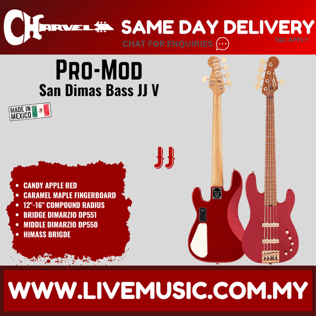 Charvel Pro-Mod San Dimas Bass JJ V Bass Guitar, Maple FB, Candy Apple Red