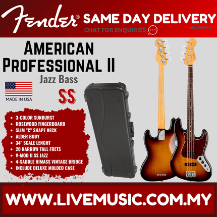 Fender American Professional II Jazz Bass Electric Guitar, Rosewood Fretboard - 3-Tone Sunburst
