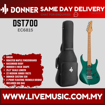 Donner EC6815 DST-700 Electric Guitar w/Gigbag, Roasted Maple Fingerboard, Green ( DST700 / DST 700 )