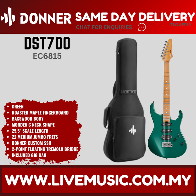 Donner EC6815 DST-700 Electric Guitar w/Gigbag, Roasted Maple Fingerboard, Green ( DST700 / DST 700 )
