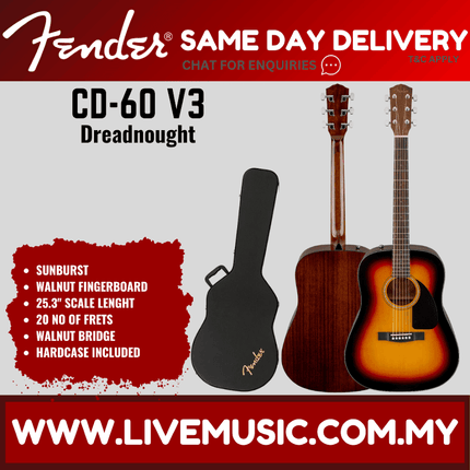 Fender CD-60 Dreadnought V3 Acoustic Guitar with Case, Walnut Fretboard - Black / Natural / Sunburst (CD60/CD 60)