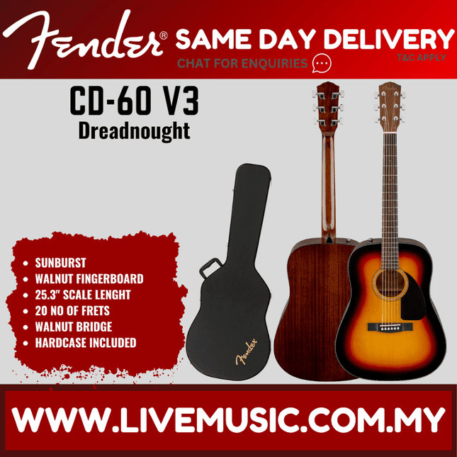 Sunburst dreadnought acoustic guitar with brown fretboard and black gig bag