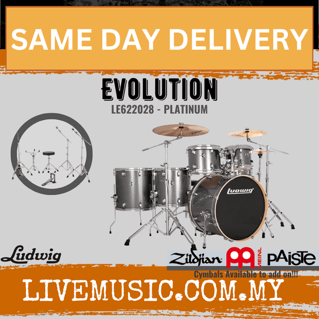 Ludwig Evolution 6-piece drum kit with hardware, platinum finish drums and cymbals
