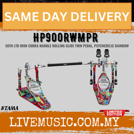 Tama HP900RWMPR 50th Anniv Ltd Ed Iron Cobra Marble Twin Drum Pedal, Rolling Glide, Psychedelic Rainbow