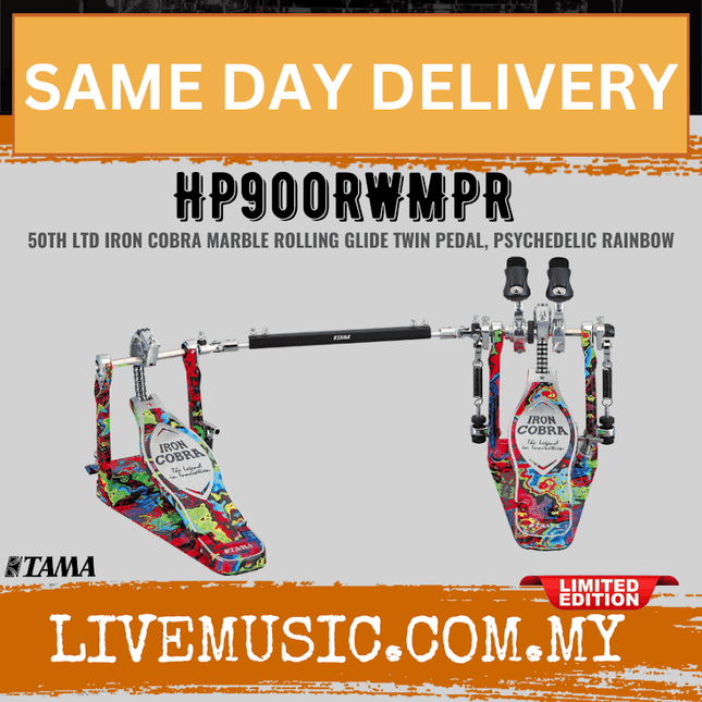 Twin bass drum pedal with psychedelic rainbow marble rolling glide base