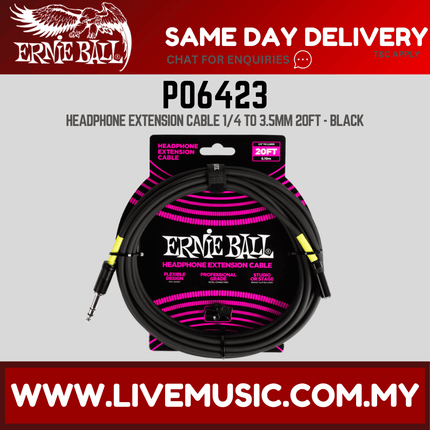 Ernie Ball EB6423 Headphone Extension Cable 1/4 to 3.5mm 20 Ft, Black