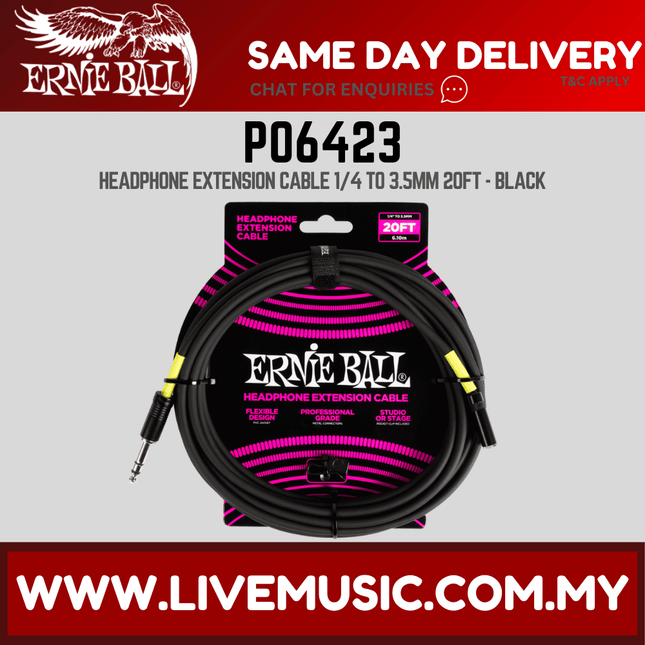 Ernie Ball EB6423 Headphone Extension Cable 1/4 to 3.5mm 20 Ft, Black