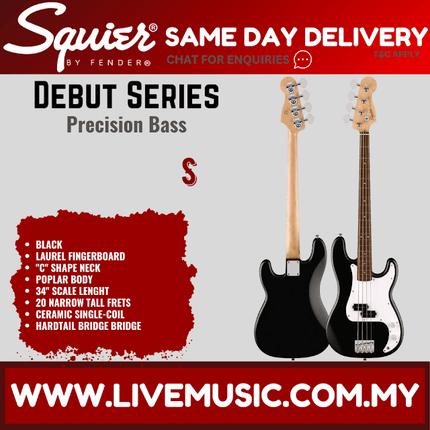 Squier Debut Series Precision Bass Guitar, Laurel FB, Black