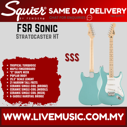Squier FSR Sonic Stratocaster HT Electric Guitar w/White Pickguard, Maple FB, Tropical Turquoise