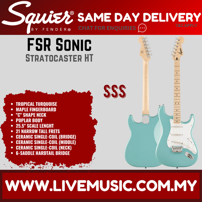 Squier FSR Sonic Stratocaster HT Electric Guitar w/White Pickguard, Maple FB, Tropical Turquoise