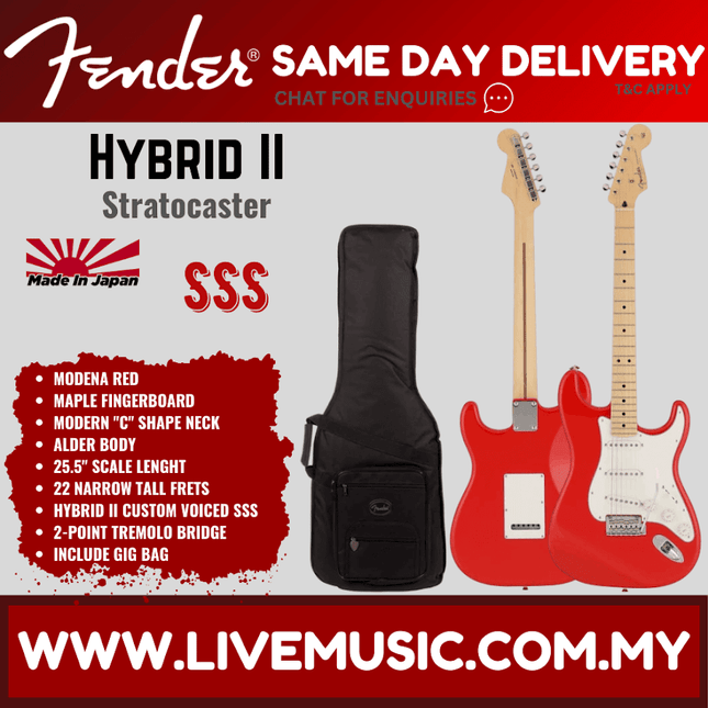 Fender Japan Hybrid II Stratocaster Electric Guitar, Maple Fretboard with Gig Bag - Modena Red
