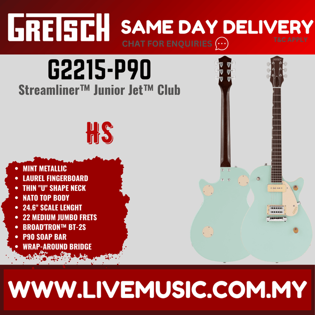 Gretsch G2215-P90 Streamliner Junior Jet Club Electric Guitar, Laurel FB, Mint Metallic