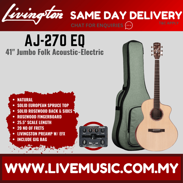 Livingston AJ-270 EQ 41" Full Solid Acoustic Guitar, Rosewood FB, Natural ( AJ 270 AJ270 )