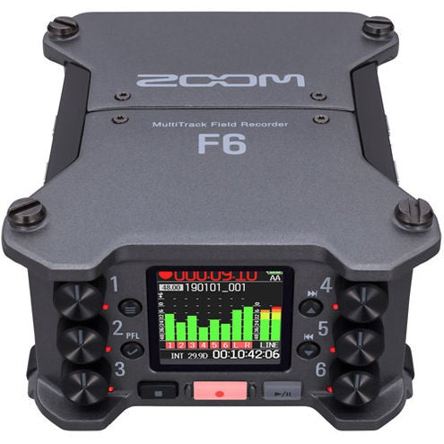 Zoom F6 multitrack field recorder front view with screen, rotary knobs, and controls