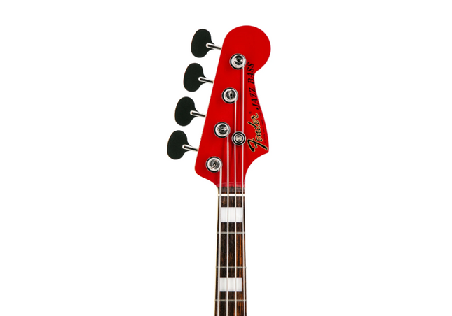 Red Jazz bass headstock with four tuners and light wood neck