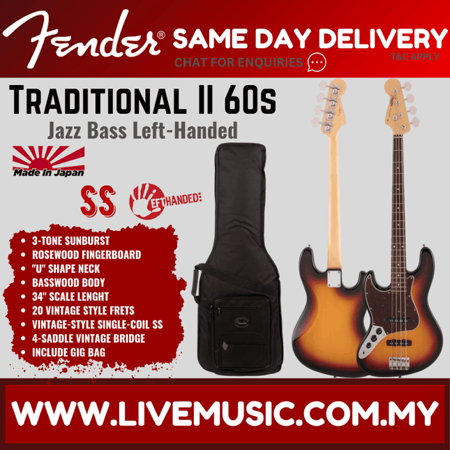 Fender Japan Traditional II 60s Jazz Bass Left-Handed Guitar, RW FB, 3-Tone Sunburst