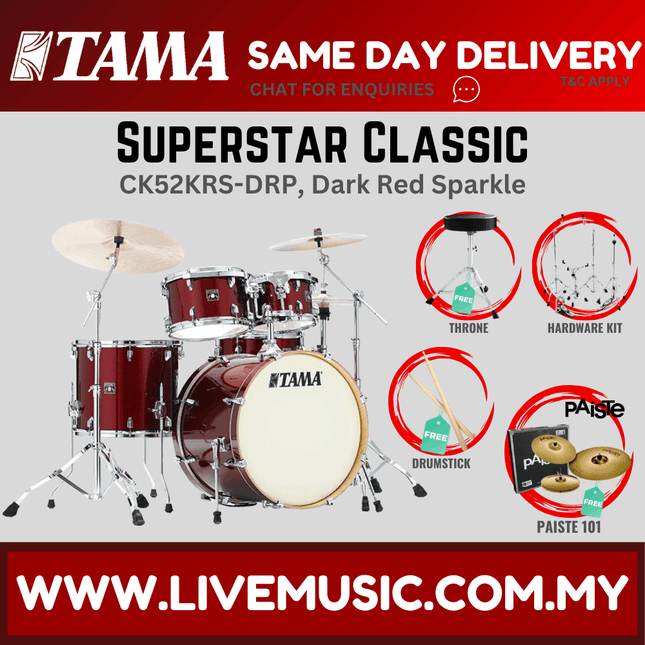 5-piece drum set with cymbals in Dark Red Sparkle wrap, including bass, toms, snare, throne