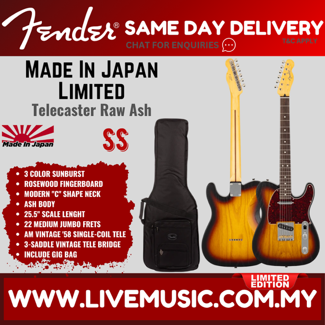 Fender MIJ Limited Telecaster Electric Guitar, RW FB, Raw Ash 3-Color Sunburst