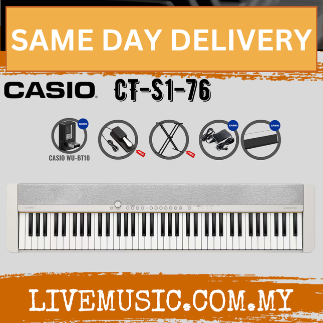 Casio CT-S1-76 76-key Portable Keyboard w/Keyboard Stand And WU-BT10 Wireless Bluetooth - White ( CTS1 / CT S1 )