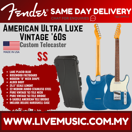 Fender American Ultra Luxe Vintage 60s Custom Telecaster Electric Guitar, RW FB, Lake Placid Blue