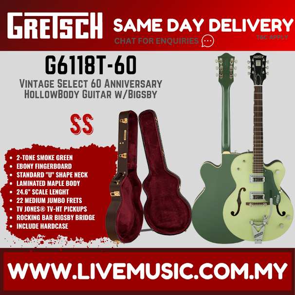 Gretsch G6118T-60 Vintage Select 60 Anniversary HollowBody Guitar w/Bigsby, 2-Tone Smoke Green