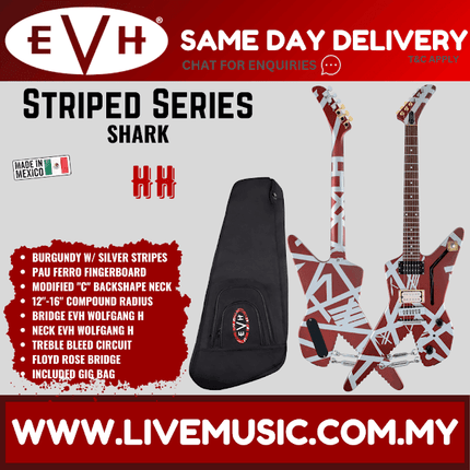 EVH Striped Series Shark Electric Guitar w/Bag, Pau Ferro FB, Burgundy w/Silver Stripes