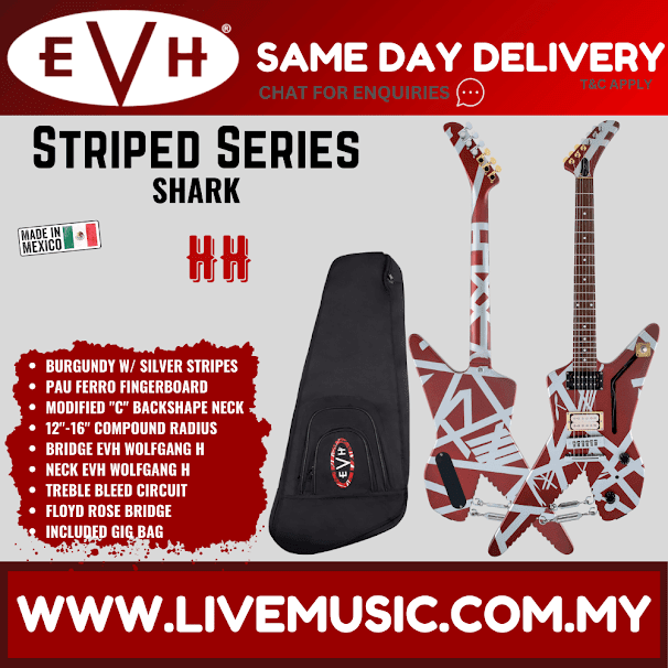 EVH Striped Series Shark Electric Guitar w/Bag, Pau Ferro FB, Burgundy w/Silver Stripes