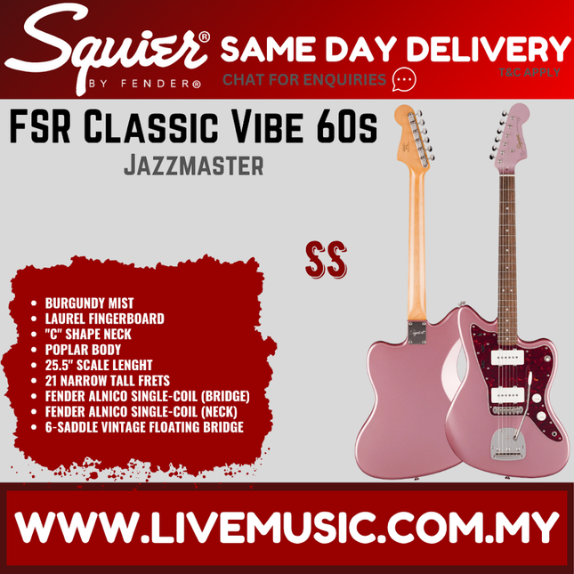 Squier FSR Classic Vibe 60s Jazzmaster Electric Guitar, Laurel FB, Burgundy Mist
