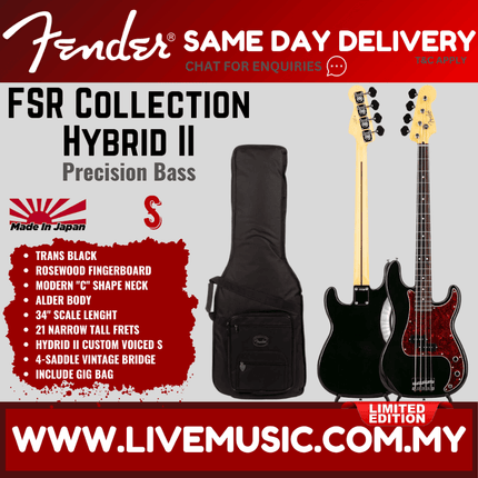Fender FSR Collection Hybrid II Precision Bass Guitar, RW FB, Trans Black