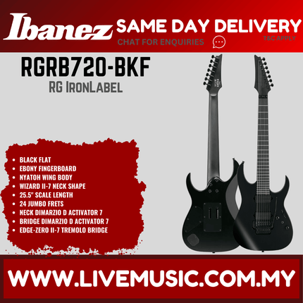 Ibanez RGRB720-BKF RG Iron Label Series Reverse Headstock Electric Guitar 7 Strings, Black Flat ( RGRB720 BKF / RGRB720BKF )