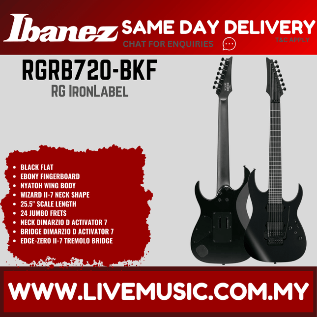 Ibanez RGRB720-BKF RG Iron Label Series Reverse Headstock Electric Guitar 7 Strings, Black Flat ( RGRB720 BKF / RGRB720BKF )