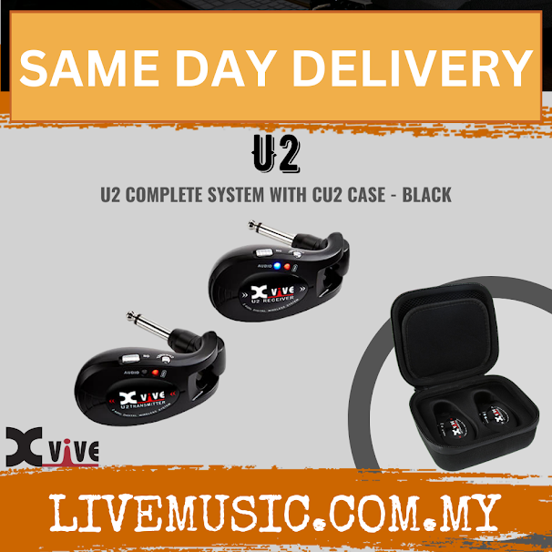 Black Xvive U2 wireless guitar system with CU2 travel case, two units and open case.