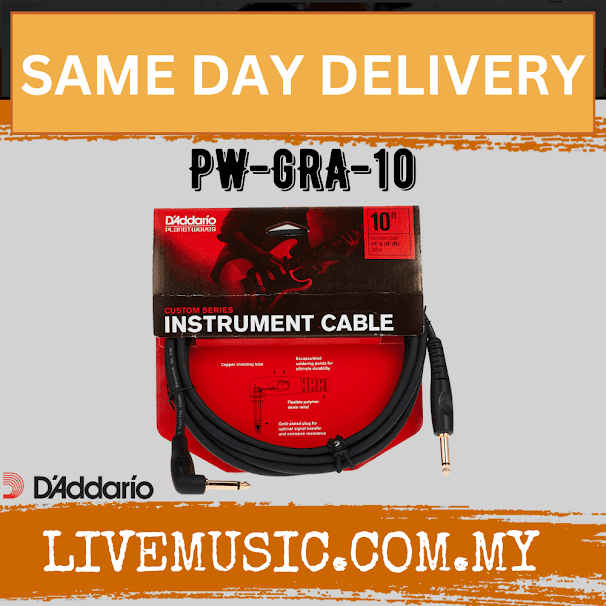 D'addario PW-GRA-10 Custom Series Instrument Cable, Straight to Right-angle, 10 Ft. ( PWGRA10 / PW GRA 10 )