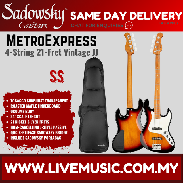 Sadowsky MetroExpress 21-Fret Vintage JJ 4-String Bass Guitar, Maple FB, Tobacco Sunburst Transparent