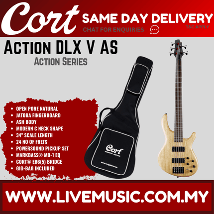 Cort Action DLX V AS 5-String Bass Guitar Jatoba Fretboard with Bag - Open Pore Natural
