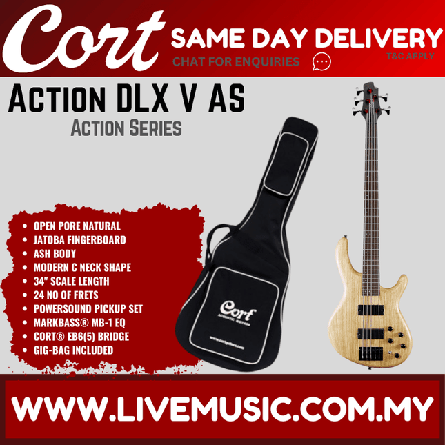 Cort Action DLX V AS 5-String Bass Guitar Jatoba Fretboard with Bag - Open Pore Natural